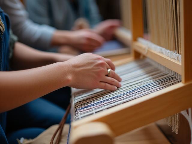 Person lernt an einem traditionellen Webstuhl, unter Anleitung