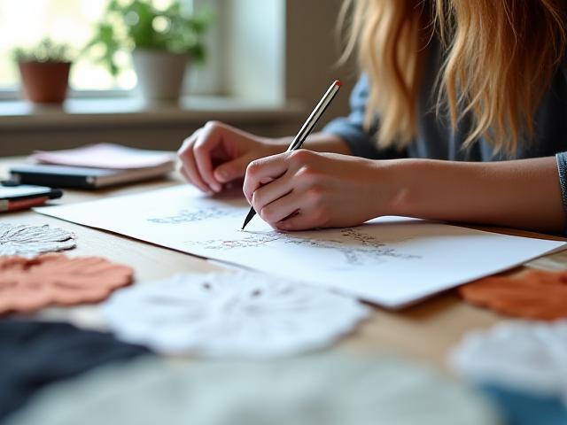 Enge Aufnahme von Designerhänden beim Skizzieren eines Stoffmusters